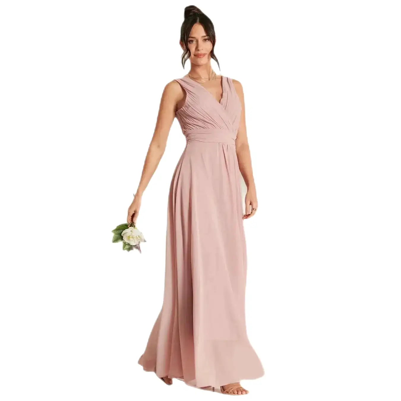 Jolie Moi Blush Pink V-Neck Pleated Bodice Maxi Dress