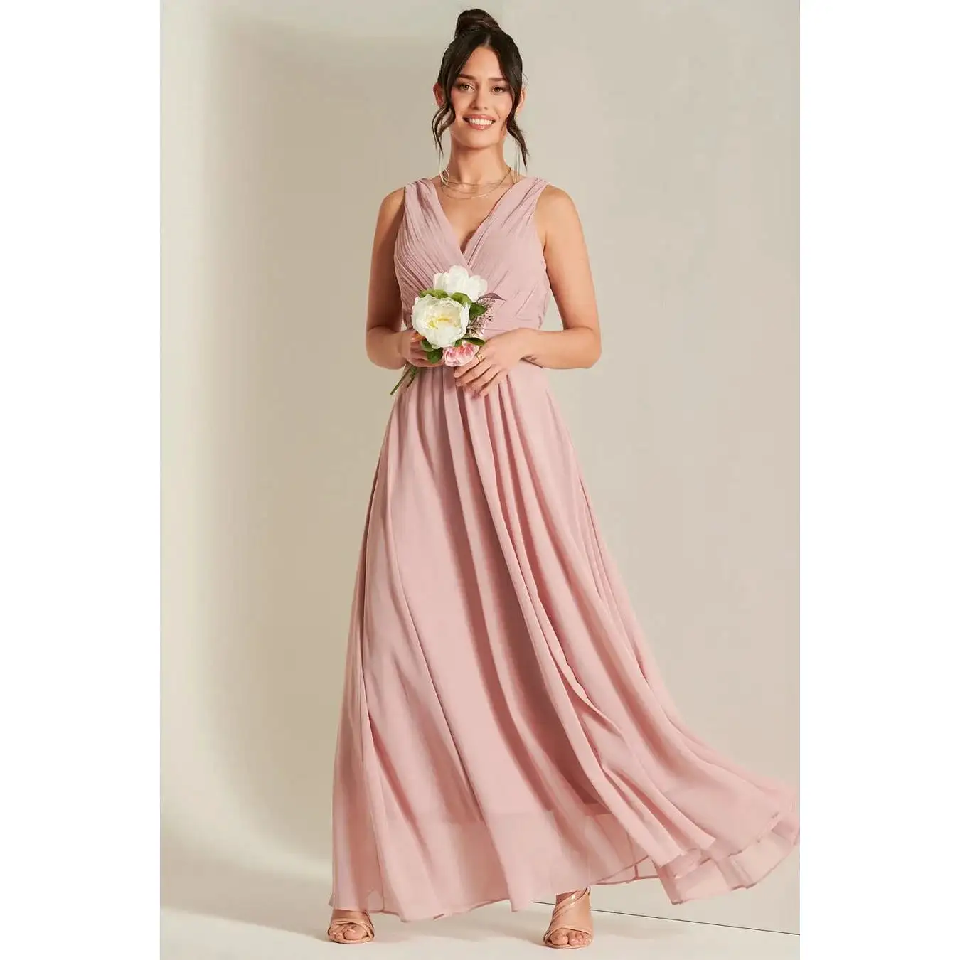 Jolie Moi Blush Pink V-Neck Pleated Bodice Maxi Dress