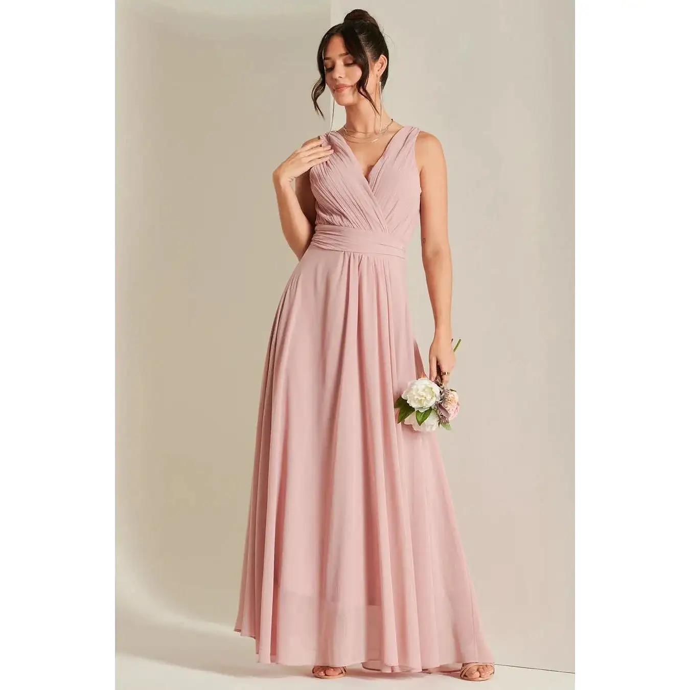 Jolie Moi Blush Pink V-Neck Pleated Bodice Maxi Dress