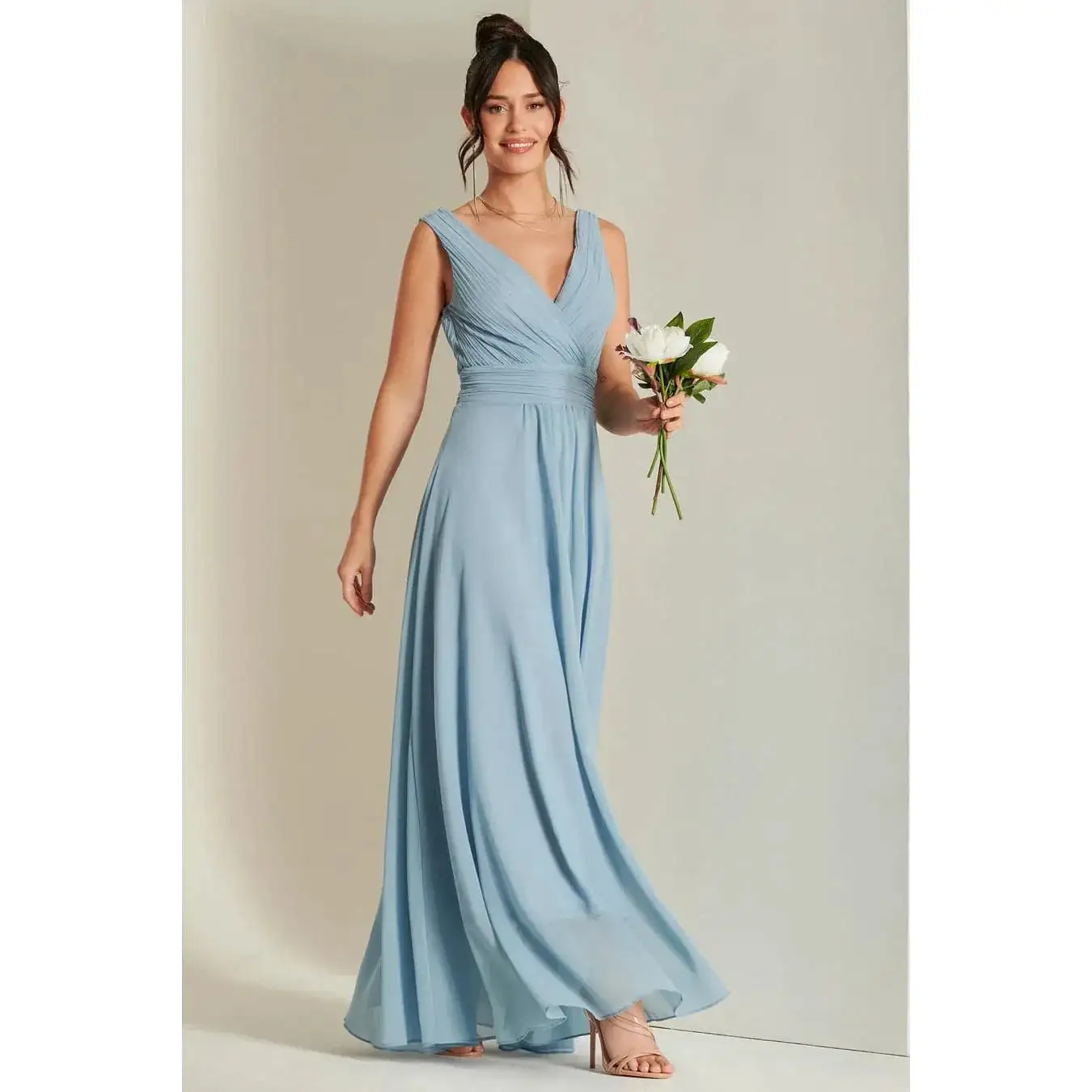 Jolie Moi Pale Blue V-Neck Pleated Bodice Maxi Dress