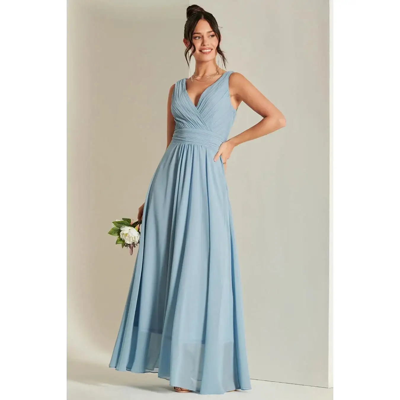 Jolie Moi Pale Blue V-Neck Pleated Bodice Maxi Dress