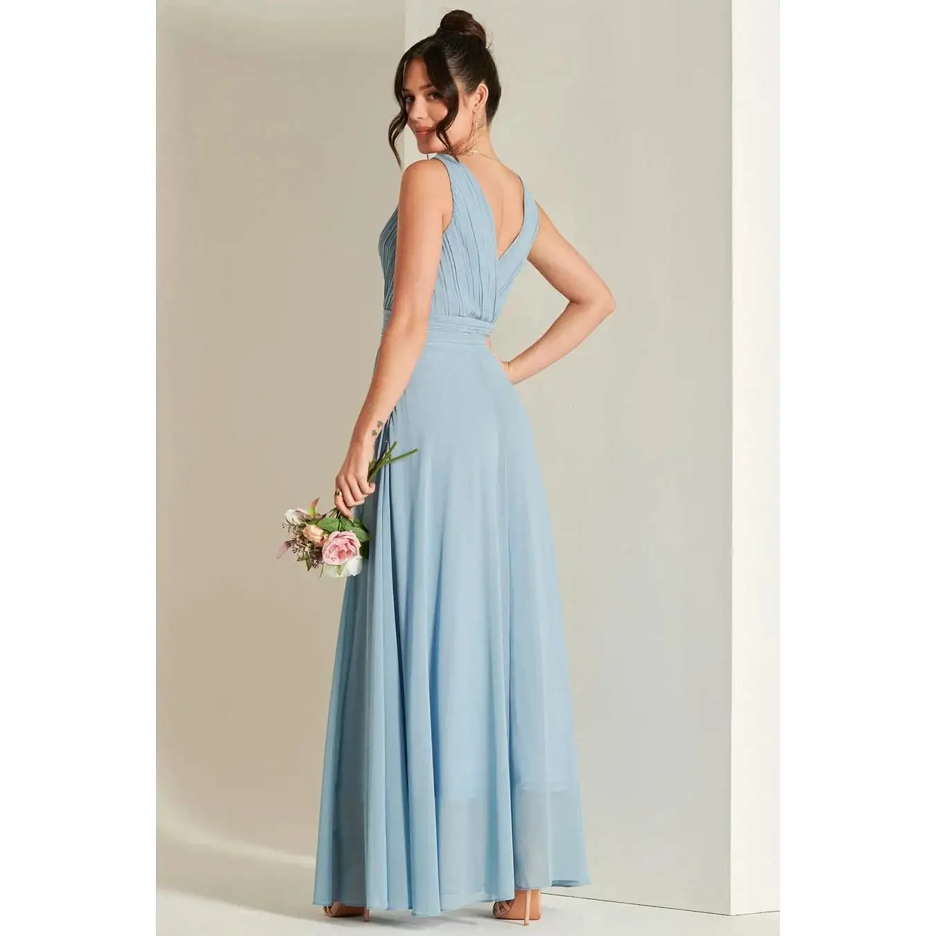 Jolie Moi Pale Blue V-Neck Pleated Bodice Maxi Dress