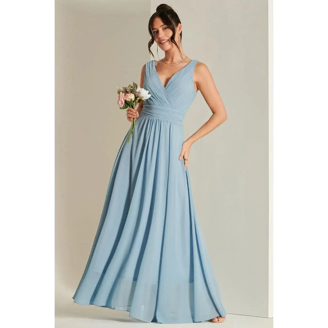 Jolie Moi Pale Blue V-Neck Pleated Bodice Maxi Dress