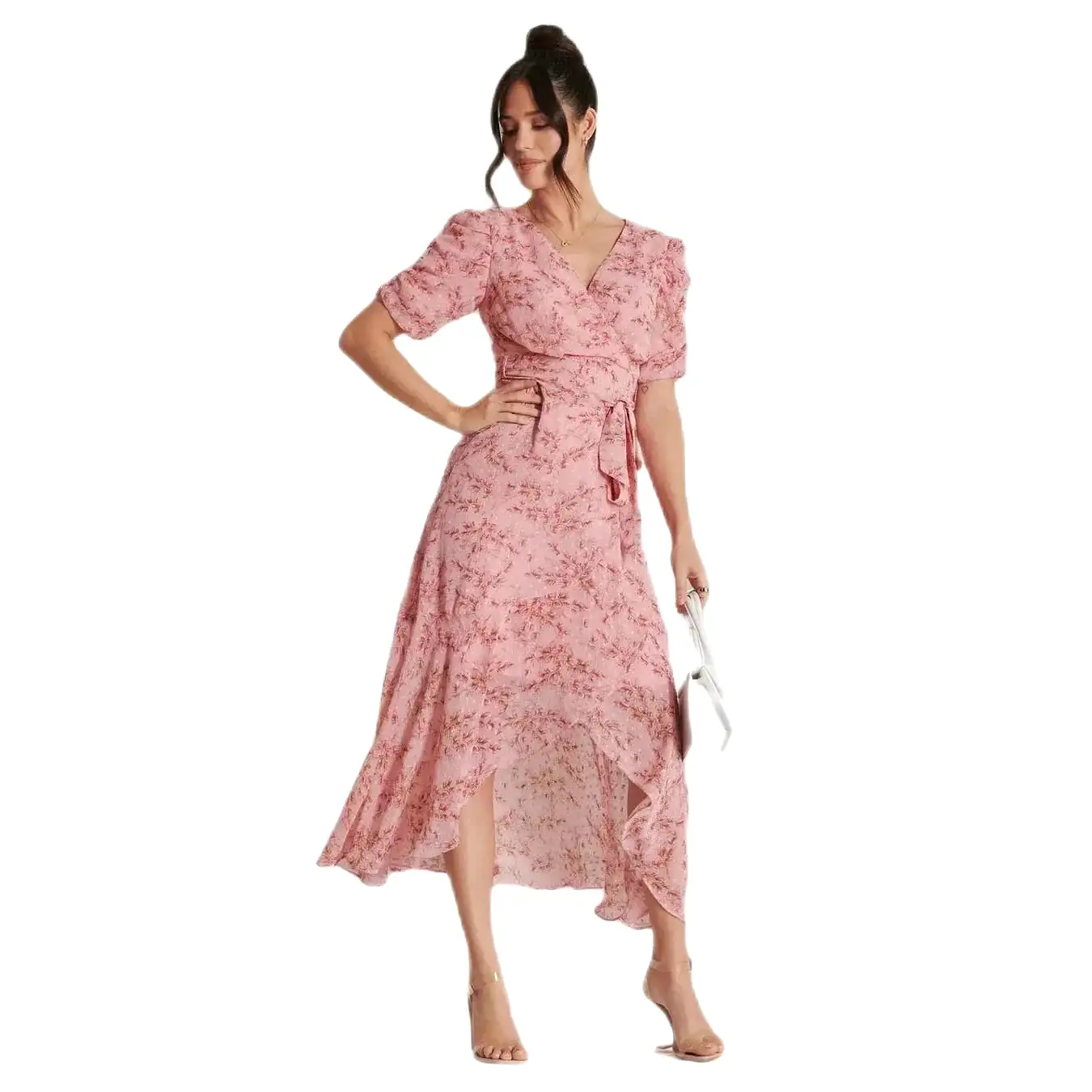 Jolie Moi Pink Textured Chiffon Waterfall Wrap Dress