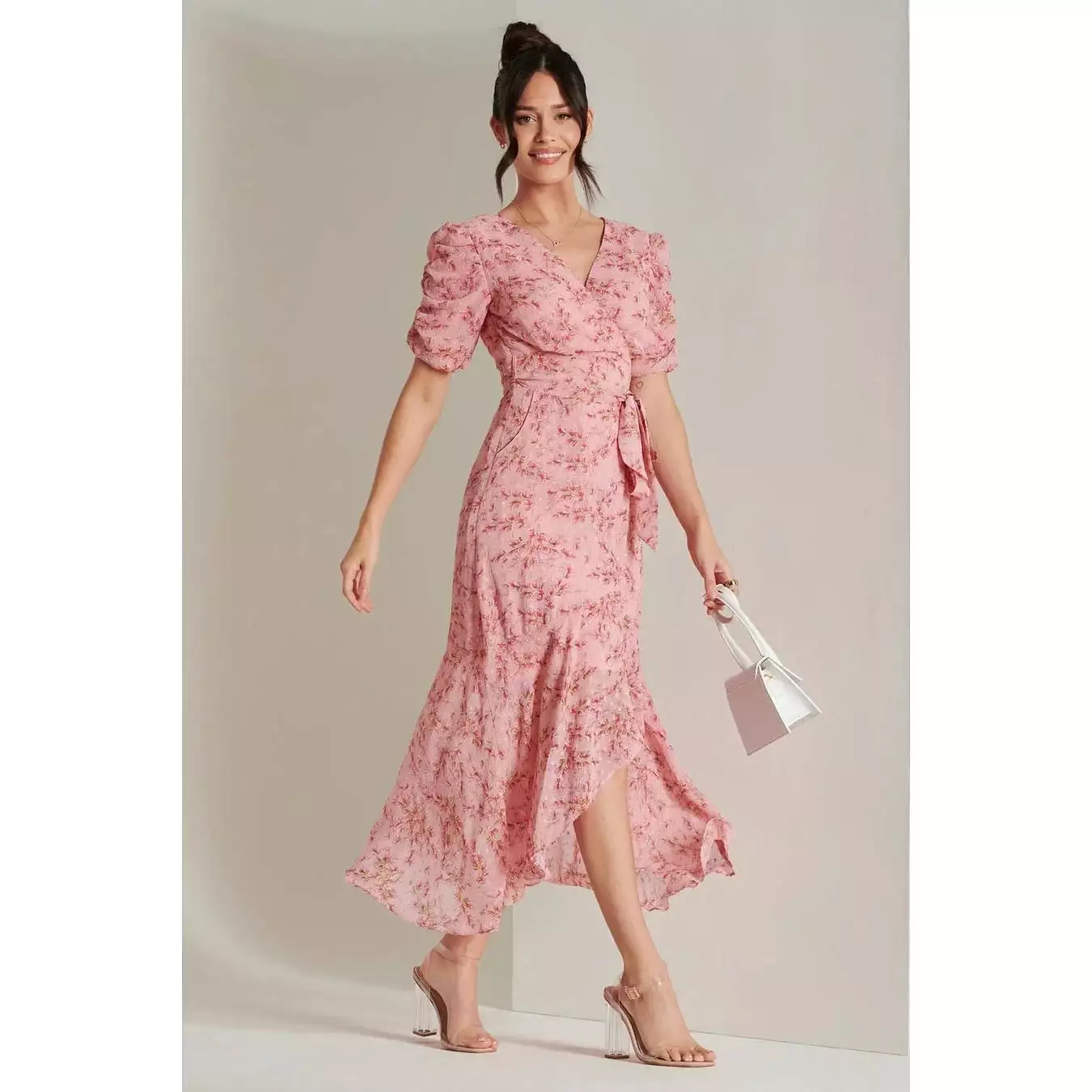 Jolie Moi Pink Textured Chiffon Waterfall Wrap Dress