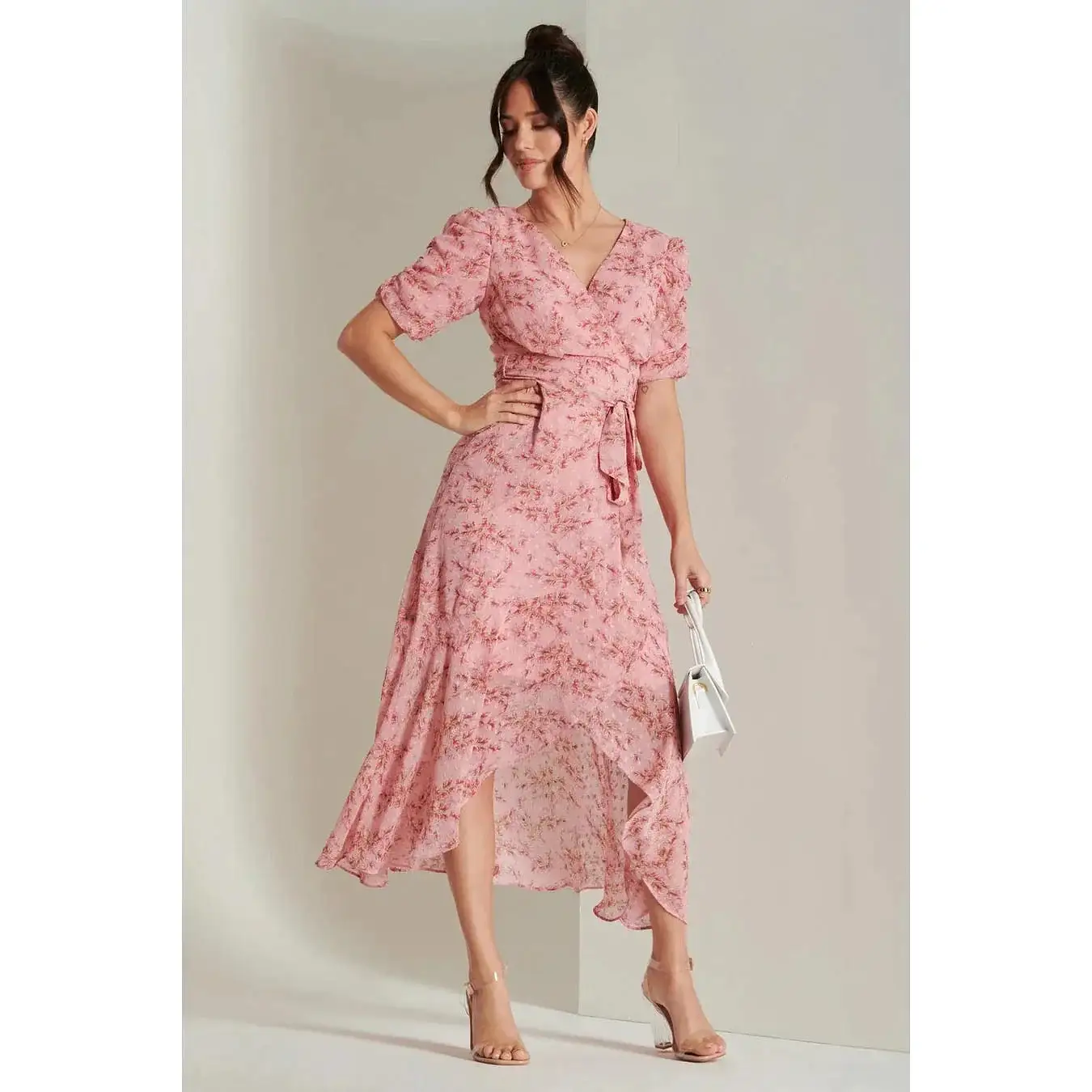 Jolie Moi Pink Textured Chiffon Waterfall Wrap Dress