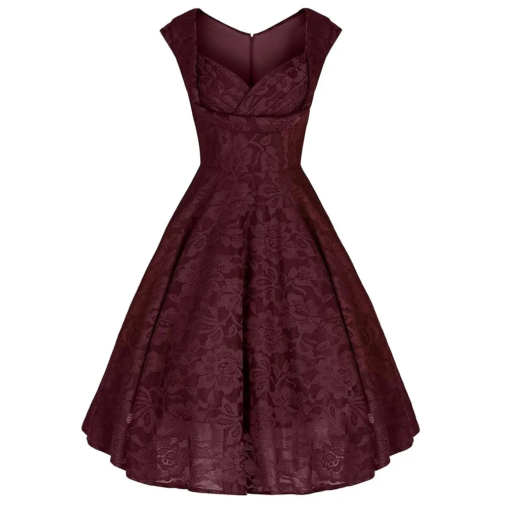 Jolie Moi Wine Red Embroidered Lace Sweetheart Neck 50s Swing Dress