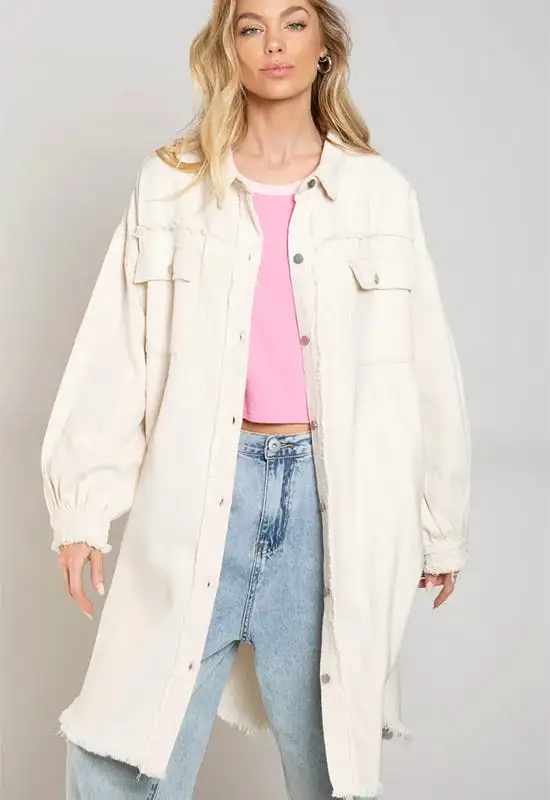 Long Denim Duster Jacket - Oat Milk