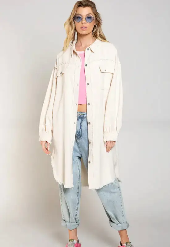 Long Denim Duster Jacket - Oat Milk