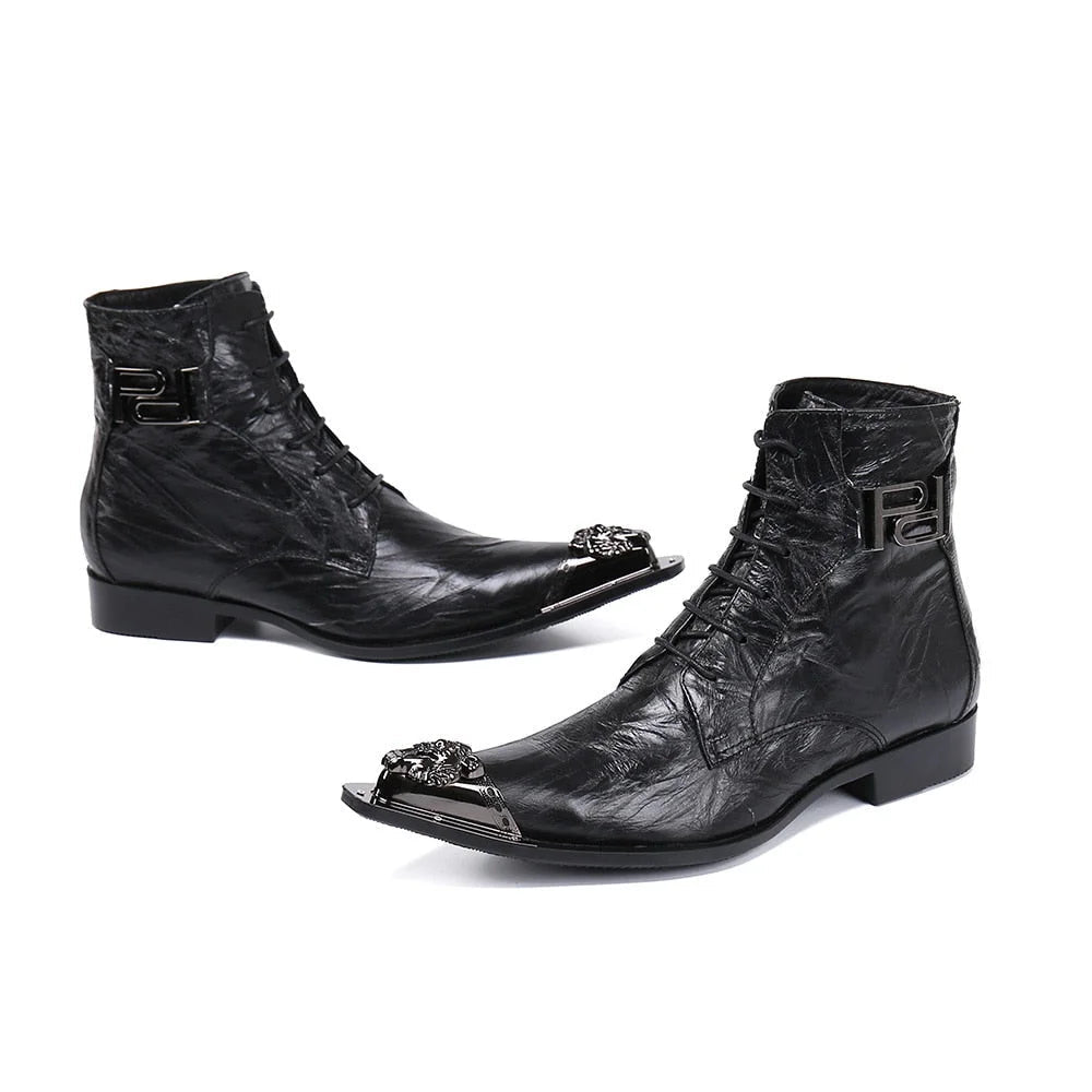 Men's Cool Genuine Leather Pointed Metal Toe Lace Up Short Ankle Boots