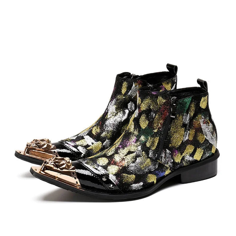 Men's Handmade Flower Print Genuine Leather Pointed Metal Toe Ankle Boots