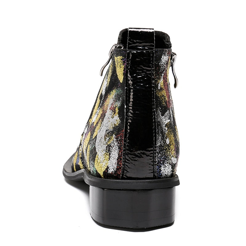 Men's Handmade Flower Print Genuine Leather Pointed Metal Toe Ankle Boots