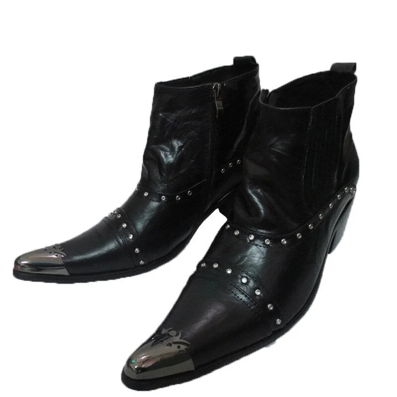 Men's Japanese Style Pointed Toe Genuine Leather Zipper Ankle Boots