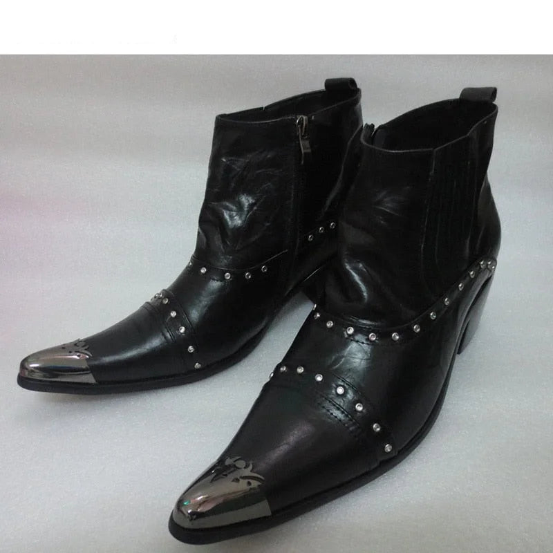 Men's Japanese Style Pointed Toe Genuine Leather Zipper Ankle Boots