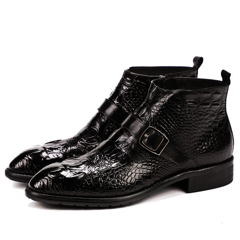 Men's Retro Genuine Leather Buckle Belt Pointed Toe Winter Boots