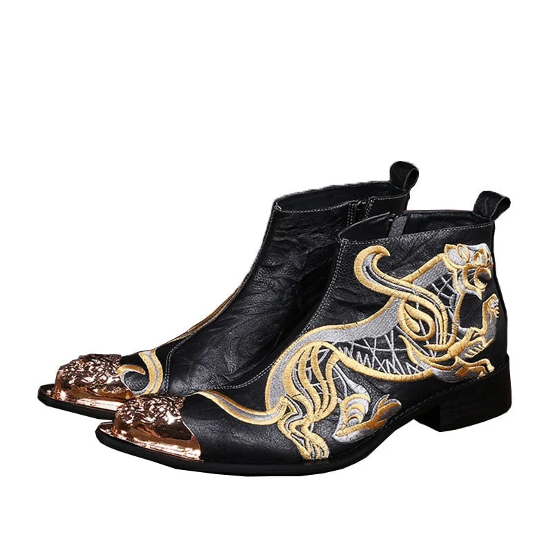 Men's Western Cowboy Pointed Toe Embroidery Motorcycle Ankle Boots