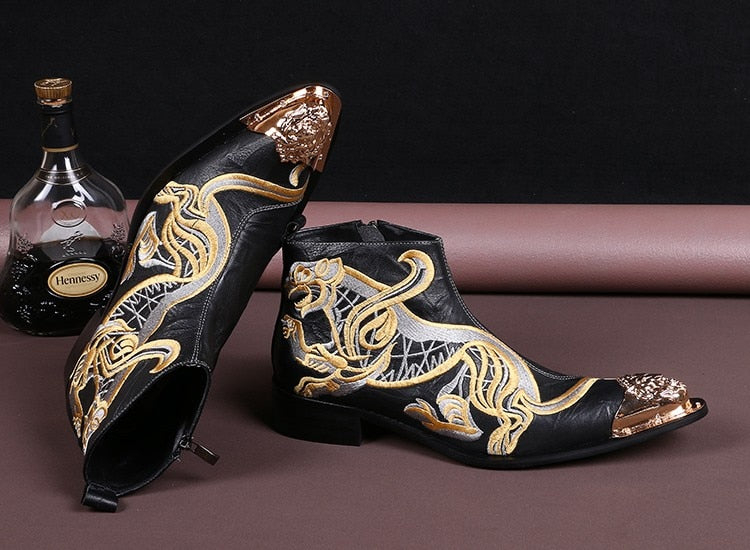 Men's Western Cowboy Pointed Toe Embroidery Motorcycle Ankle Boots