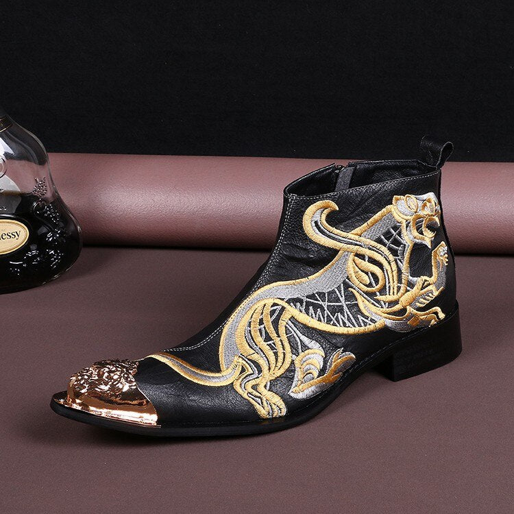 Men's Western Cowboy Pointed Toe Embroidery Motorcycle Ankle Boots