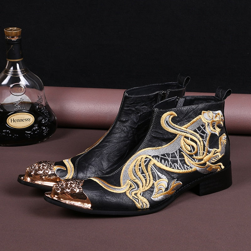 Men's Western Cowboy Pointed Toe Embroidery Motorcycle Ankle Boots