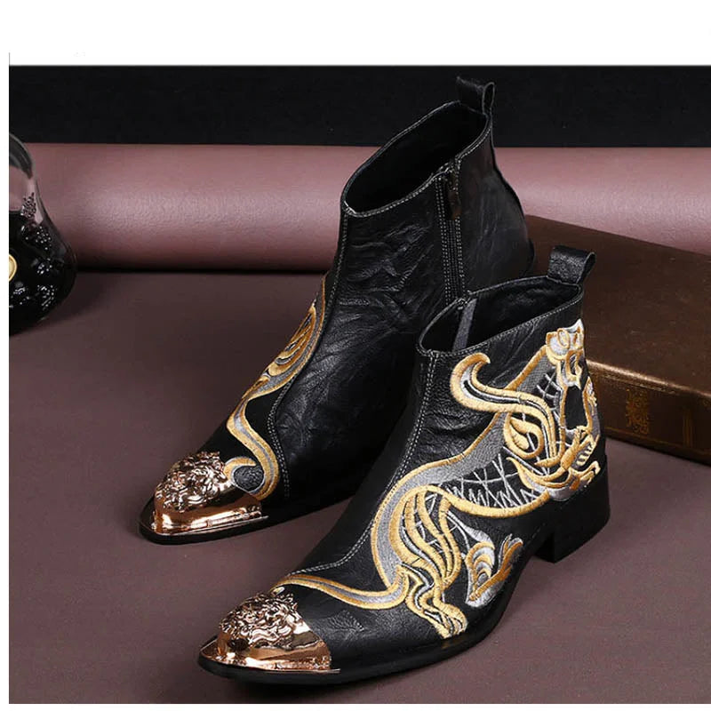 Men's Western Cowboy Pointed Toe Embroidery Motorcycle Ankle Boots