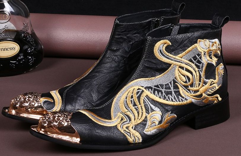 Men's Western Cowboy Pointed Toe Embroidery Motorcycle Ankle Boots