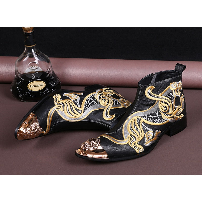 Men's Western Cowboy Pointed Toe Embroidery Motorcycle Ankle Boots