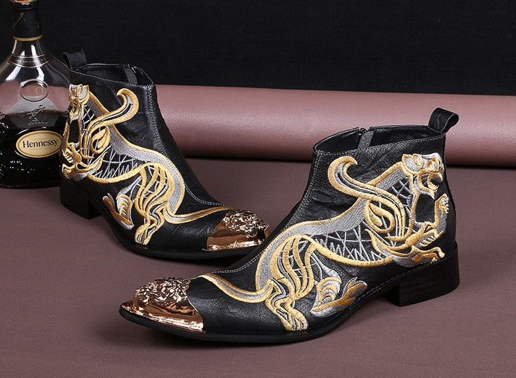 Men's Western Cowboy Pointed Toe Embroidery Motorcycle Ankle Boots