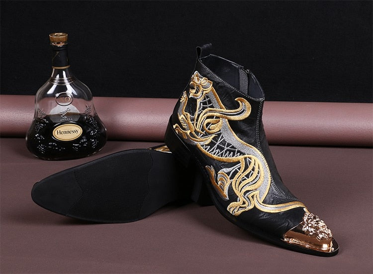 Men's Western Cowboy Pointed Toe Embroidery Motorcycle Ankle Boots