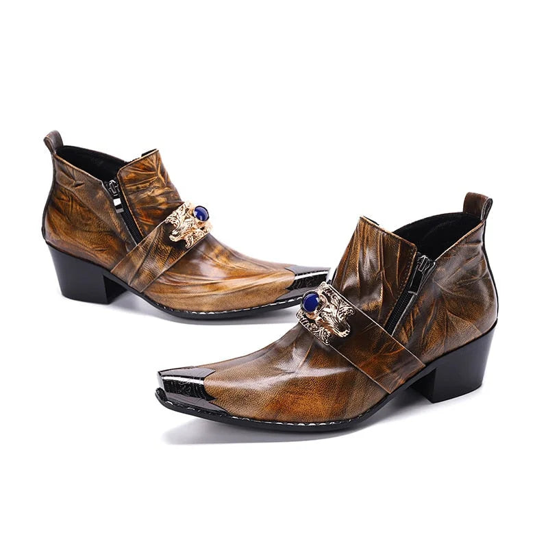 Men's Western Leather Pointed Iron Toe 6.5cm High Heels Zip Ankle Boots