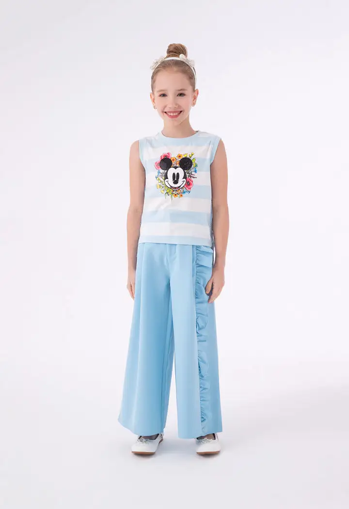 Mickey Mouse One Side Ruffle Trim Wide Leg Pants