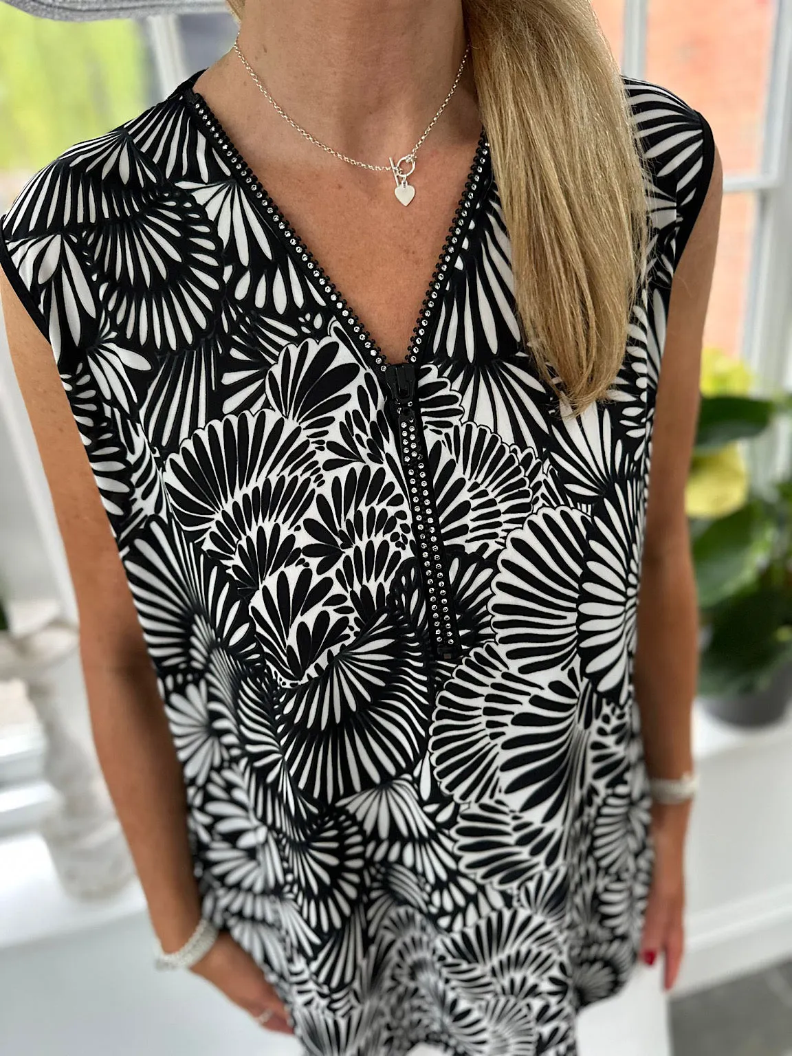 Monochrome Petal Pattern Diamante Vest Top Cassie