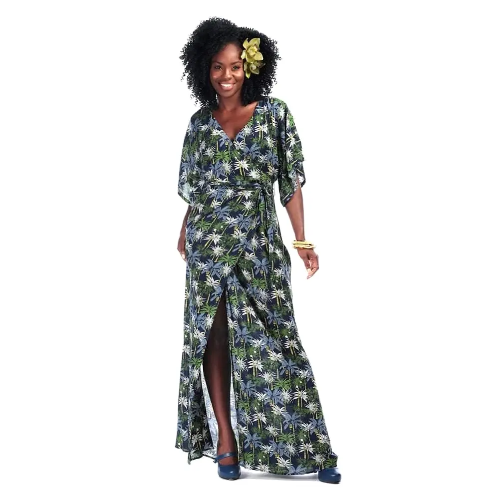 Navy Blue and Green Palm Tree Print Faux Wrap Maxi Dress