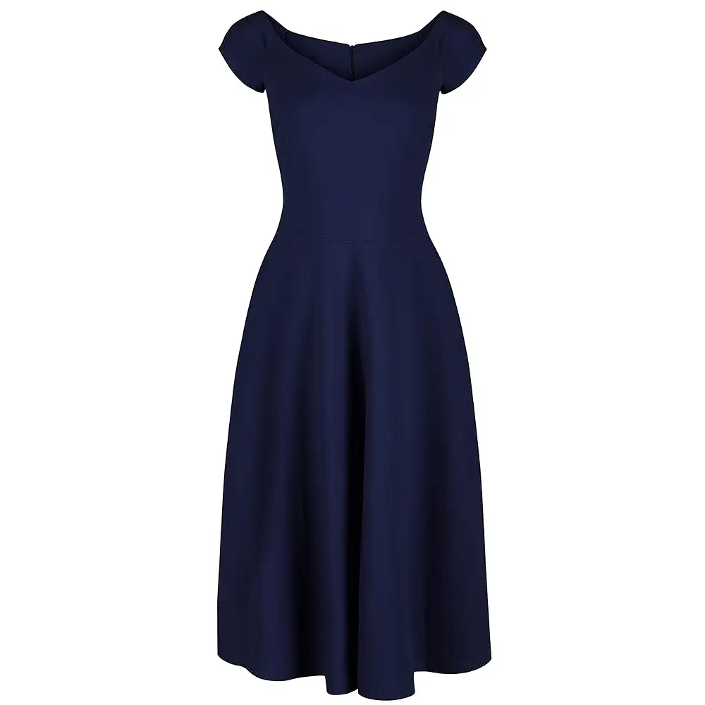 Navy Blue Cap Sleeve V Neck 50s Swing Dress