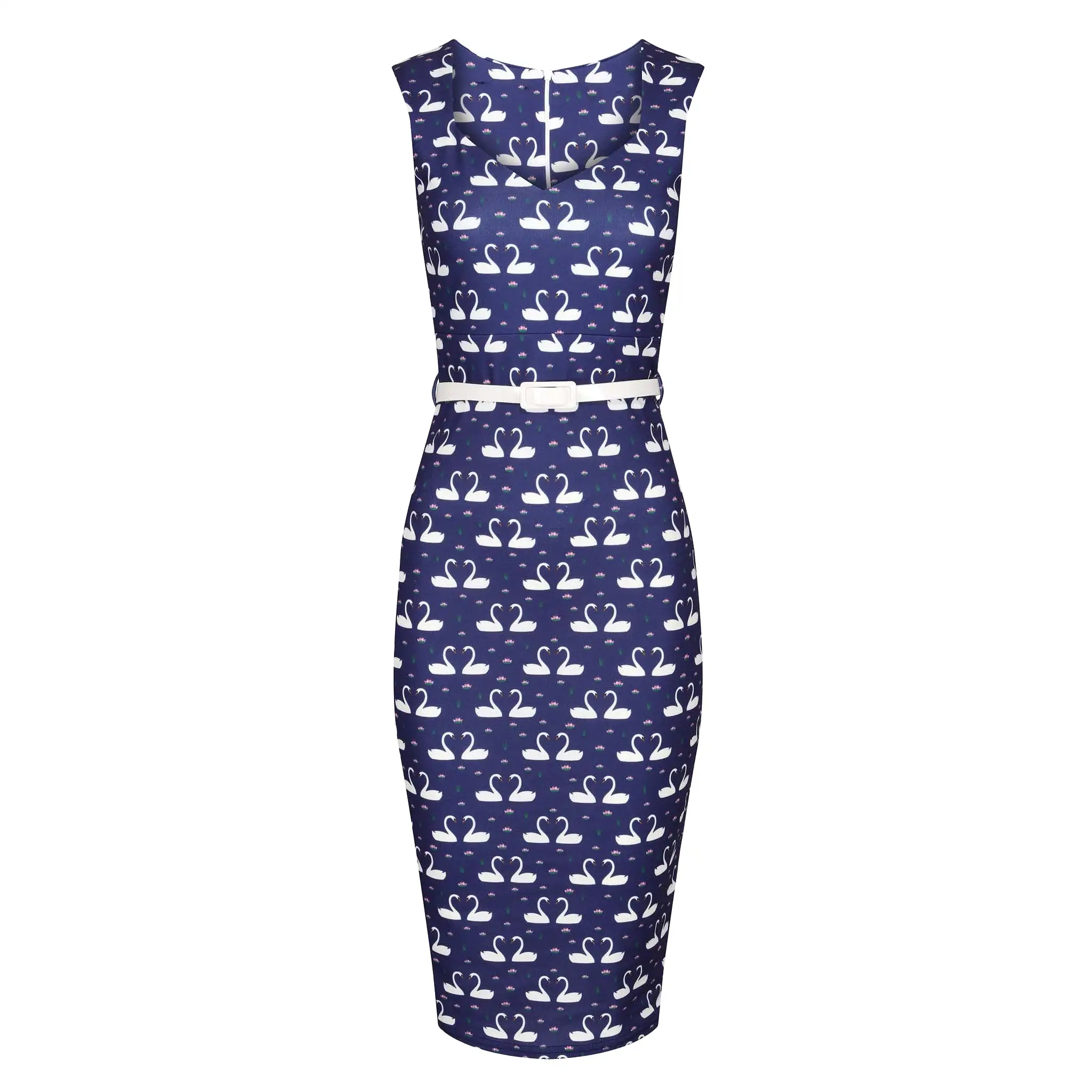 Navy Blue Swan Print Bodycon Pencil Dress