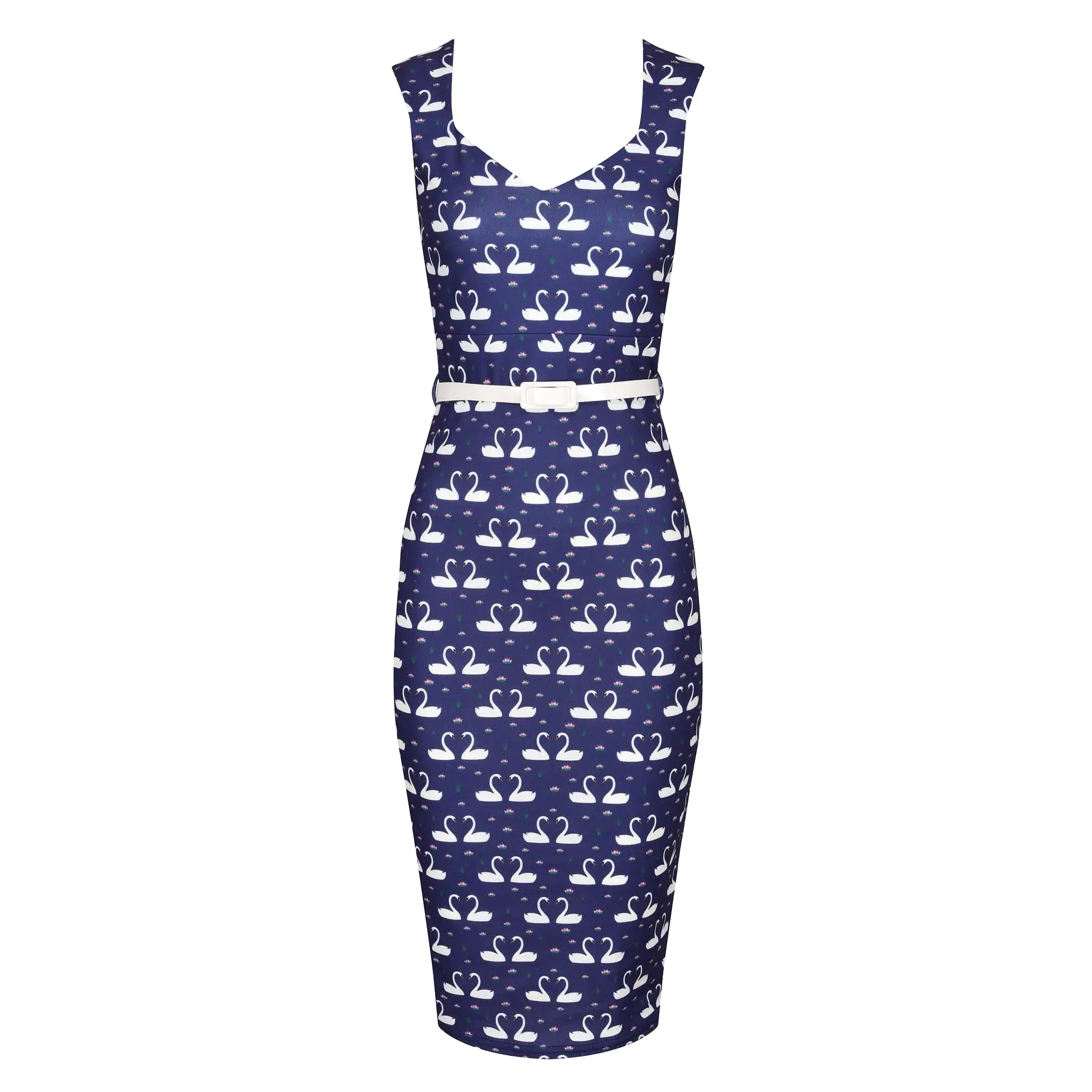 Navy Blue Swan Print Bodycon Pencil Dress