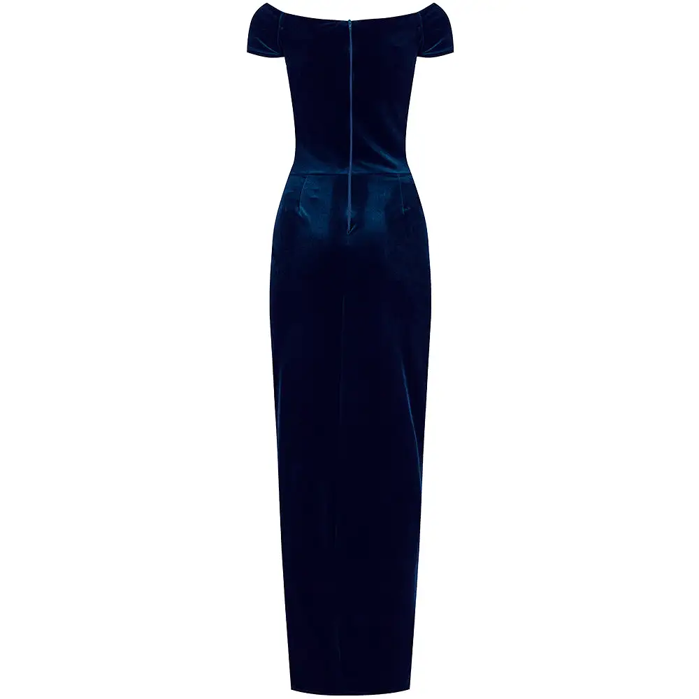 Navy Blue Velour Capped Sleeve Cocktail Party Maxi Dress