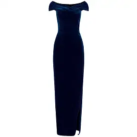 Navy Blue Velour Capped Sleeve Cocktail Party Maxi Dress