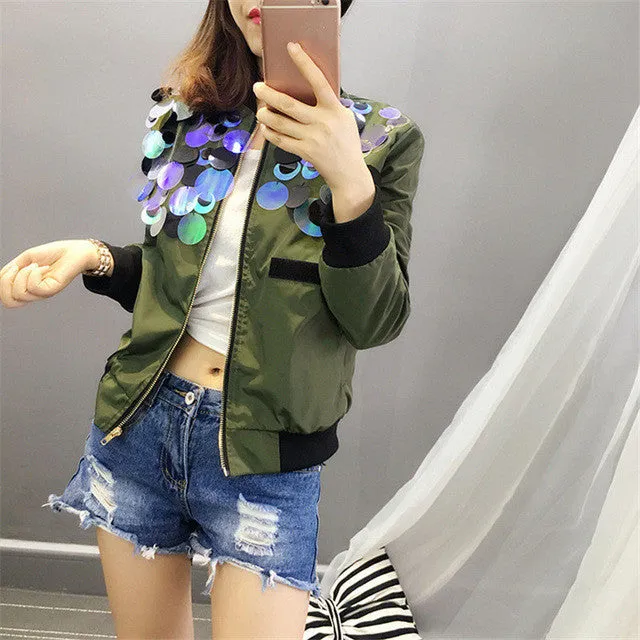 New Fashion Autumn Sequins Outwear Full Sleeve Stand Coat Floral Print Jacket With Zipper Plus Size Flying Jacket 71942 SM6