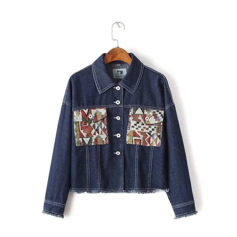 New Fashion Outwear Full Sleeve Turn-down Collar Coat Single Breasted Denim Jacket With Button Embroidery Streetwear 72023 GS