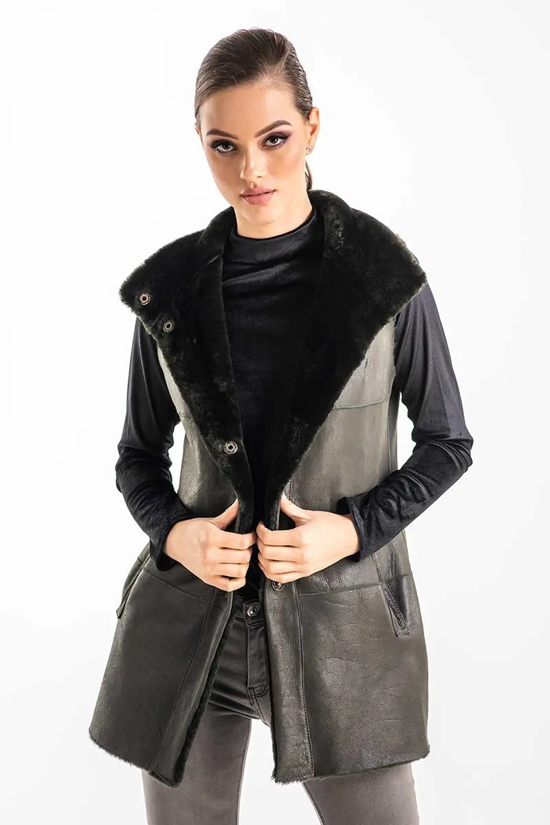 Olive Reversible Geniune Nappa Lamb Leather Mouton Fur Vest