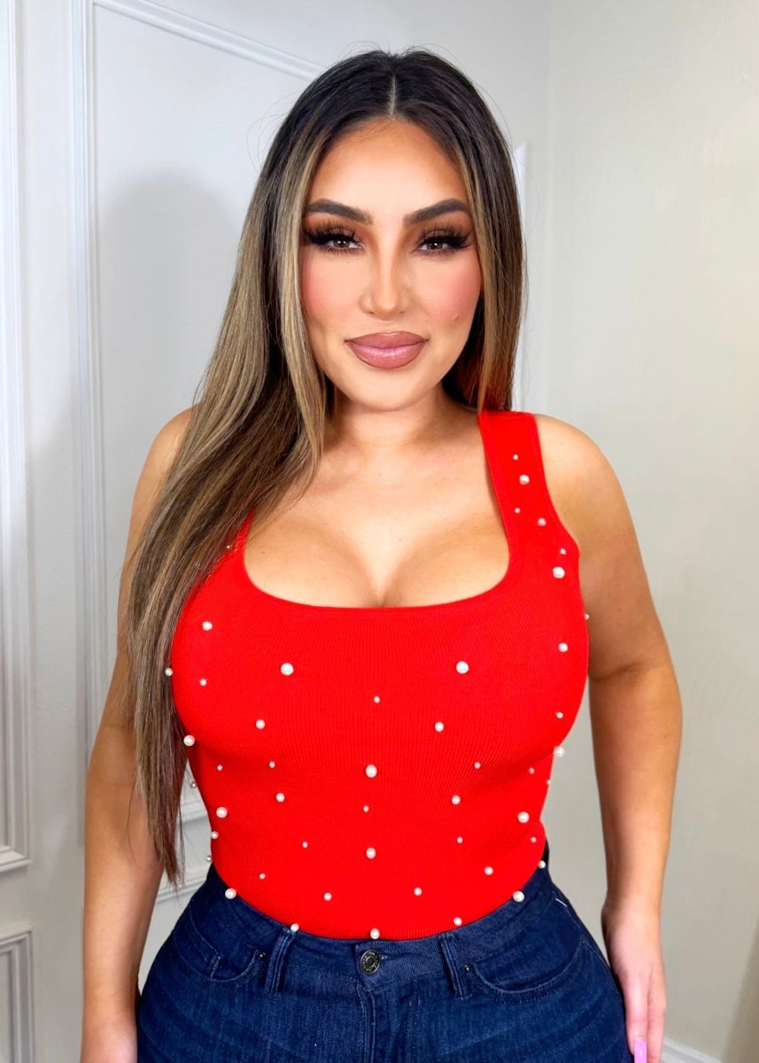 Pamela Top Red W/Pearls