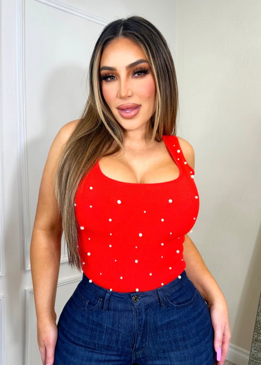 Pamela Top Red W/Pearls