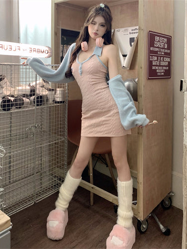 Pastel Pink Blue K-pop Style Outfit Dress and Sweater Set ON961