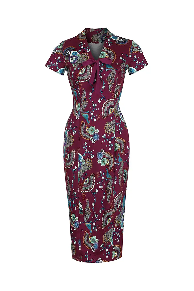 Plum Purple Bird Peacock Floral Print V Neck Wiggle Dress