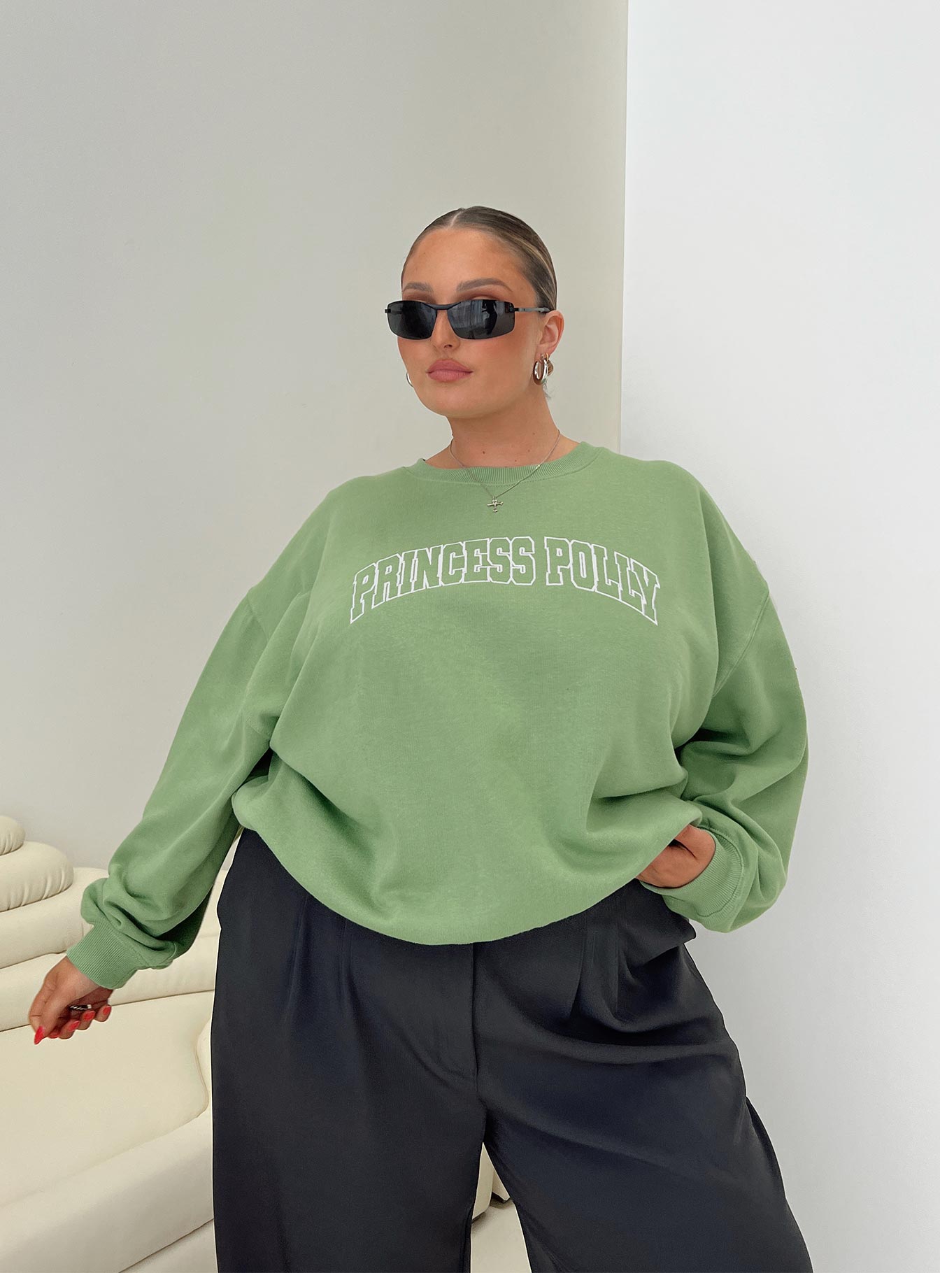 Princess Polly Crew Neck Sweatshirt Collegiate Text Green Curve