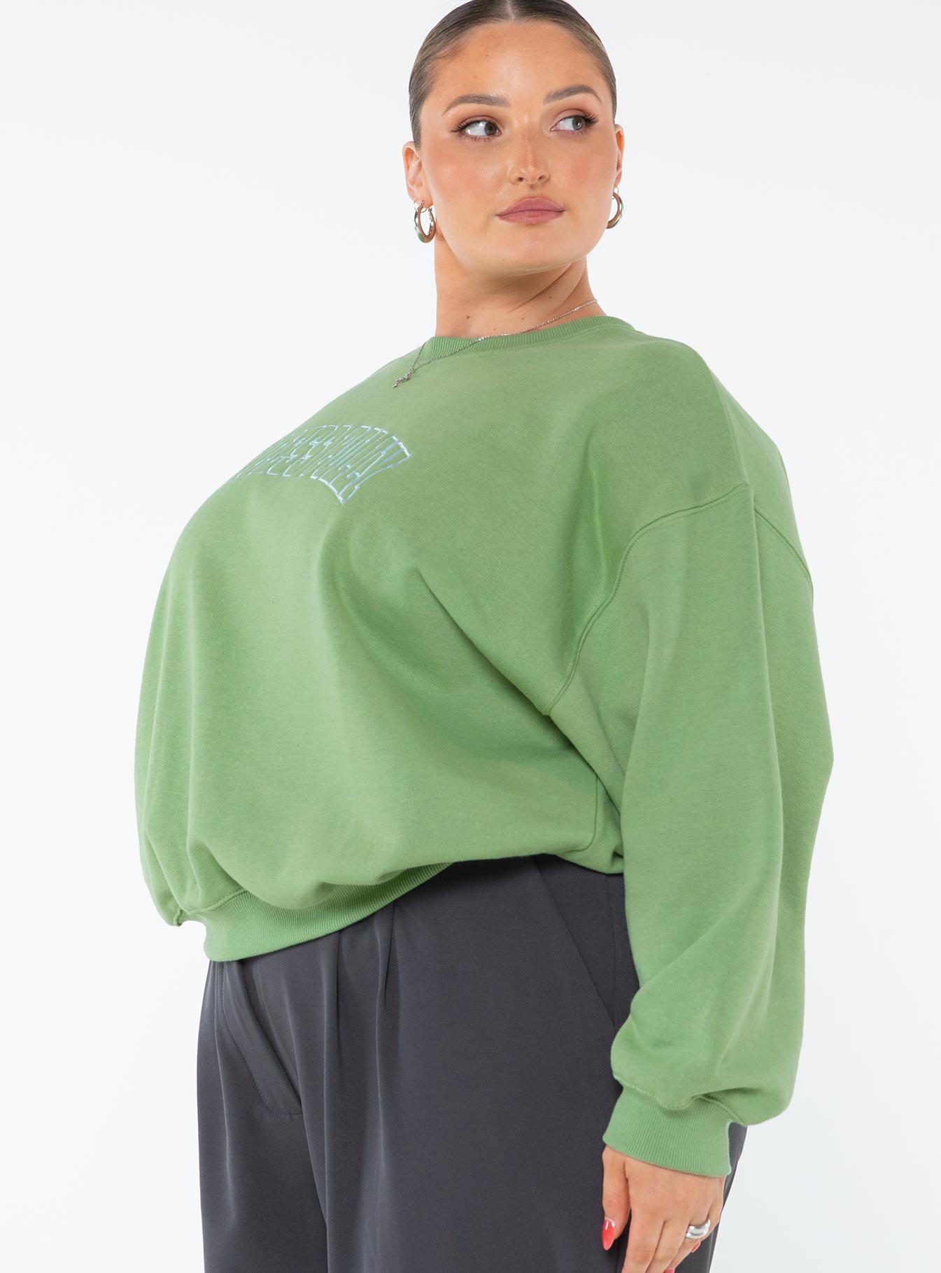 Princess Polly Crew Neck Sweatshirt Collegiate Text Green Curve