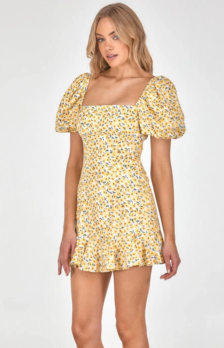 Printed Square Neckline Dress with Bubble Sleeves (SDR921A)