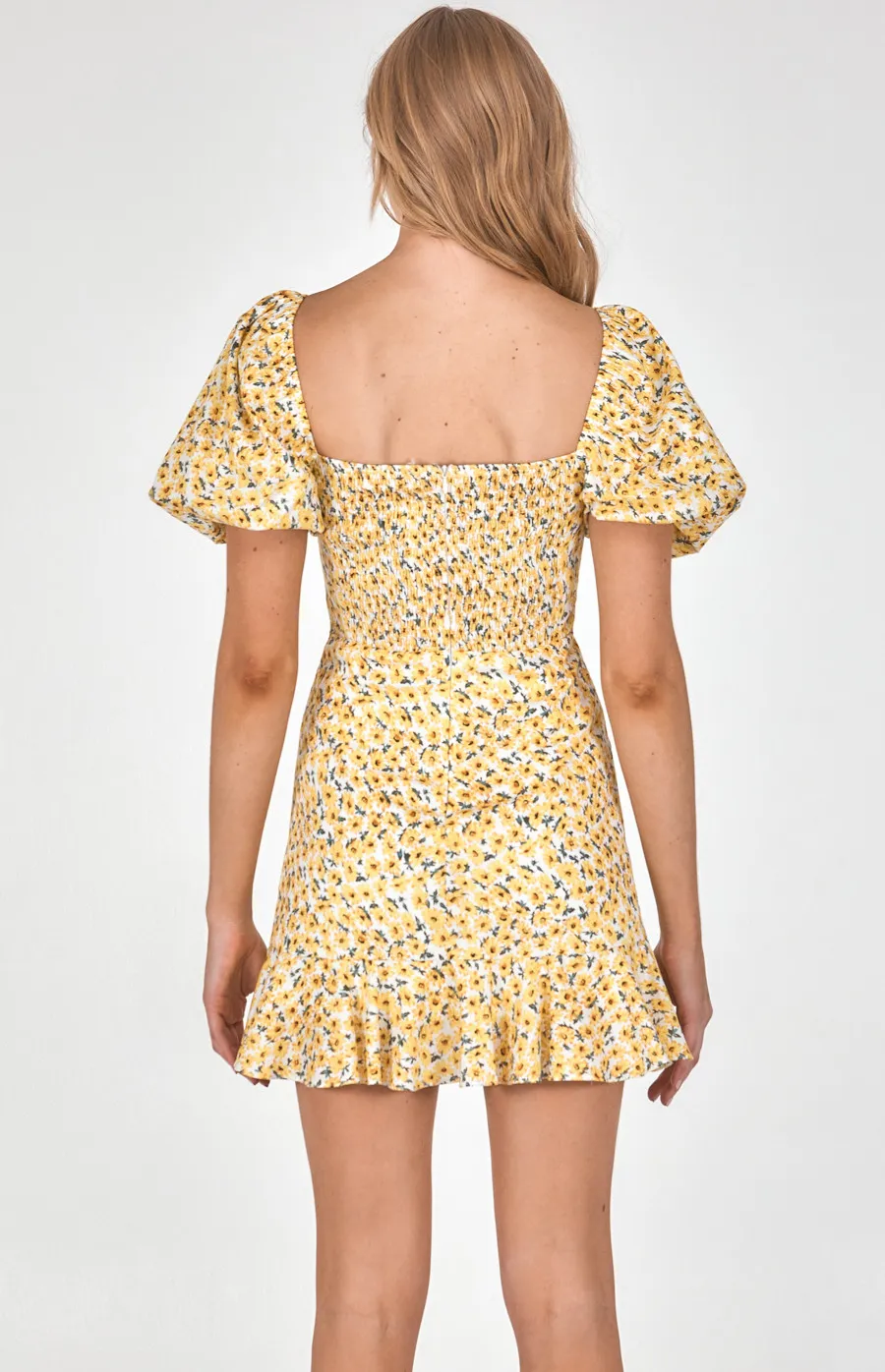 Printed Square Neckline Dress with Bubble Sleeves (SDR921A)