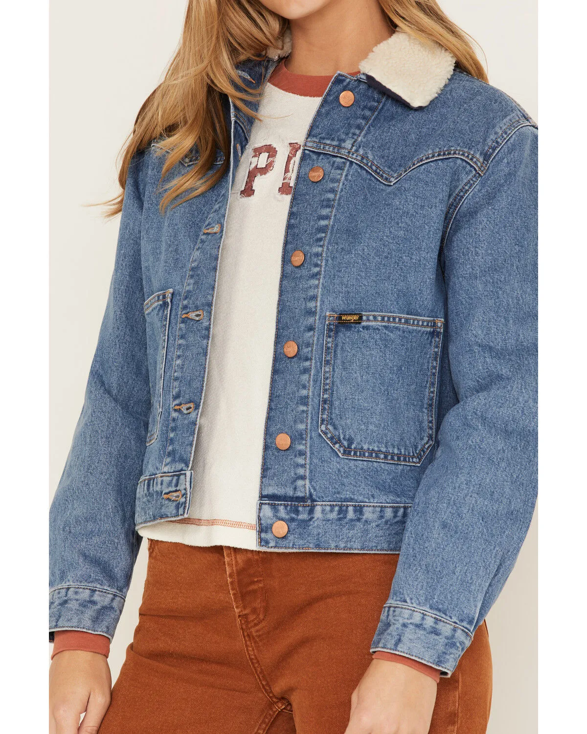 Product Name:  Wrangler Women's Light Wash Denim Sherpa Collar Western Jacket