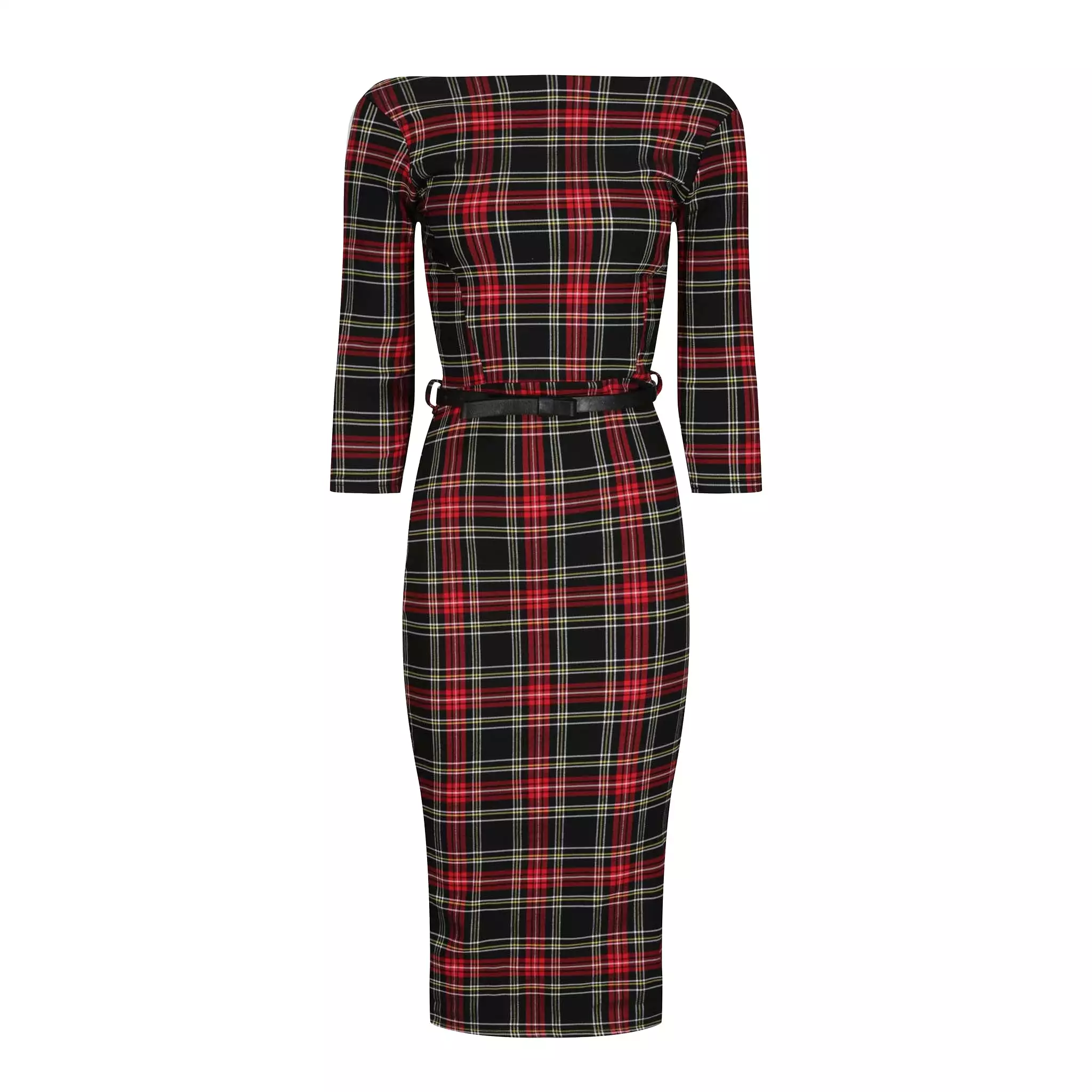 Red And Black Tartan 1/2 Sleeve Belted Bodycon Pencil Dress